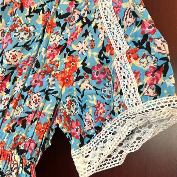 ZARA Boho Blue Red Floral Print V-Neck Lace Midi Dress size extra small - Picture 8 of 13